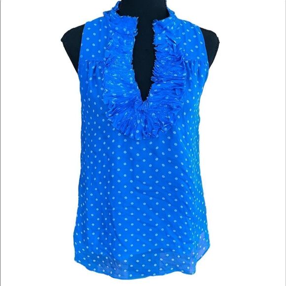 ANTHROPOLOGIE Blue Tassel silk sleeveless blue /white polka dot blouse, size XS - Picture 1 of 6